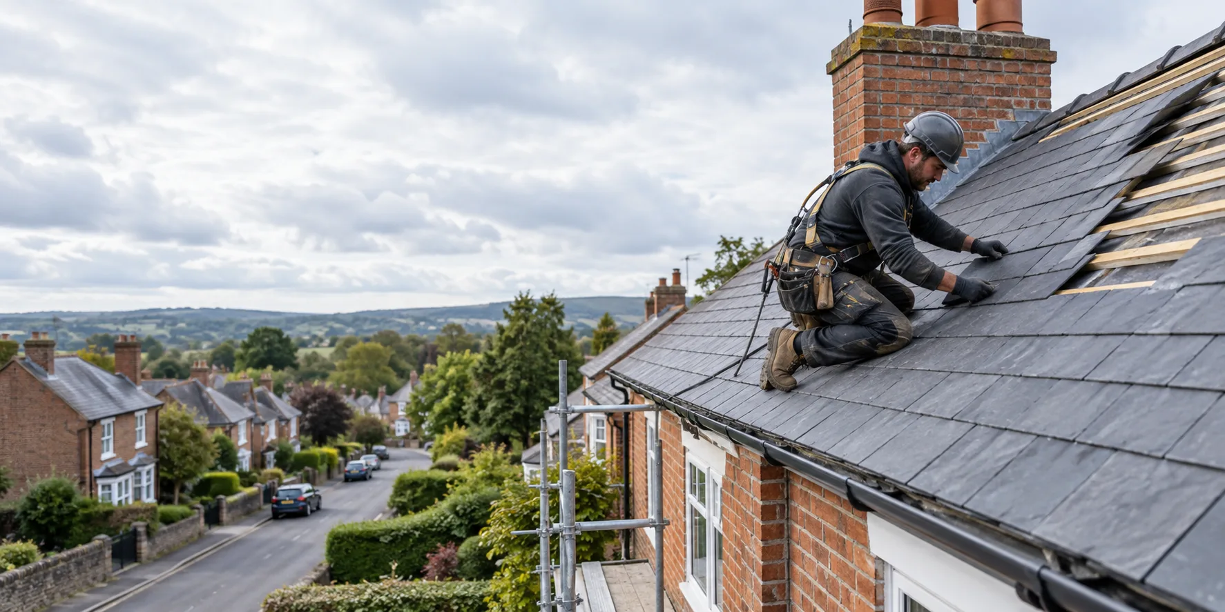 Roofer installing natural slate tiles on a pitched roof